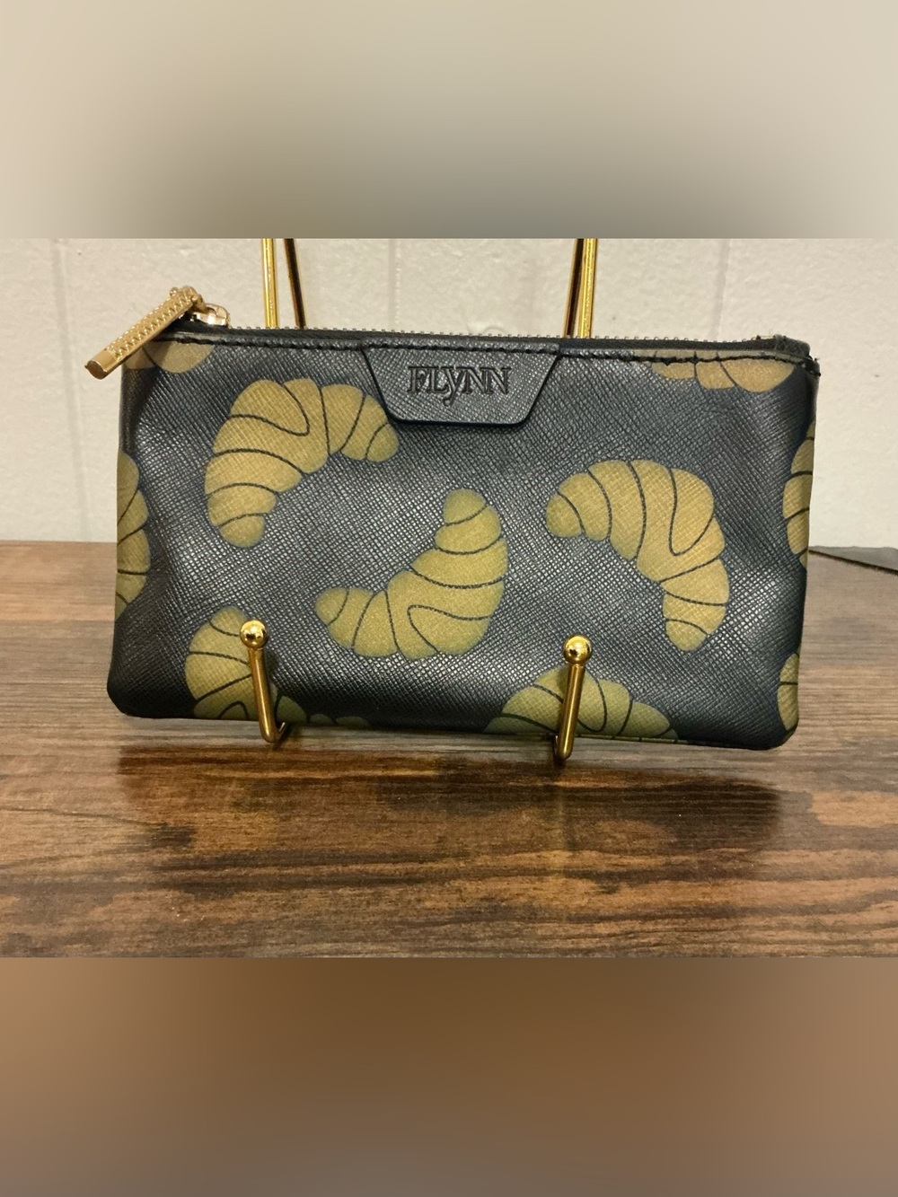 A Rare HTF Black Leather Croissant Print Flynn Brand Small Zip Pouch Wallet
